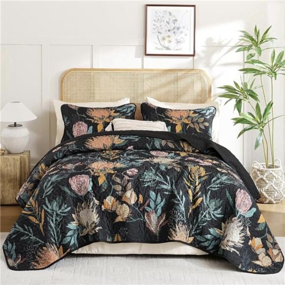 NEW Anthro Queen / King Black Reversible Boho Quilt Bedspread Bedding & Sham Set - Picture 1 of 10
